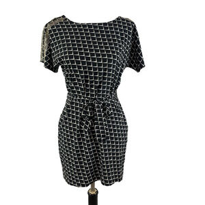 AX Armani Exchange Dress size 0 Black Ivory Gold Studs Stretch Dinner Cocktails